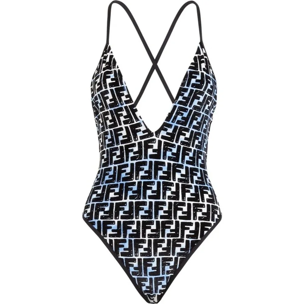 NWT Fendi X Joshua Vides Ff Print Swimsuit In Blue Womens Large One Piece Bikini - Picture 1 of 7